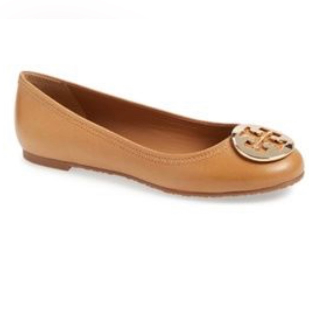 Tory Burch Royal Tan/Gold Reva Ballet Flat in Tumbled Leather, size 6.5